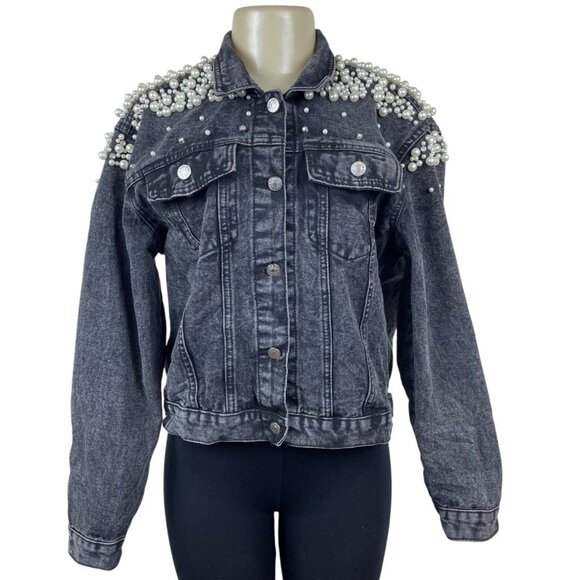 Womens Black Denim Pearl Embellished Jacket With Button Front & Chest Pockets - Picture 1 of 7